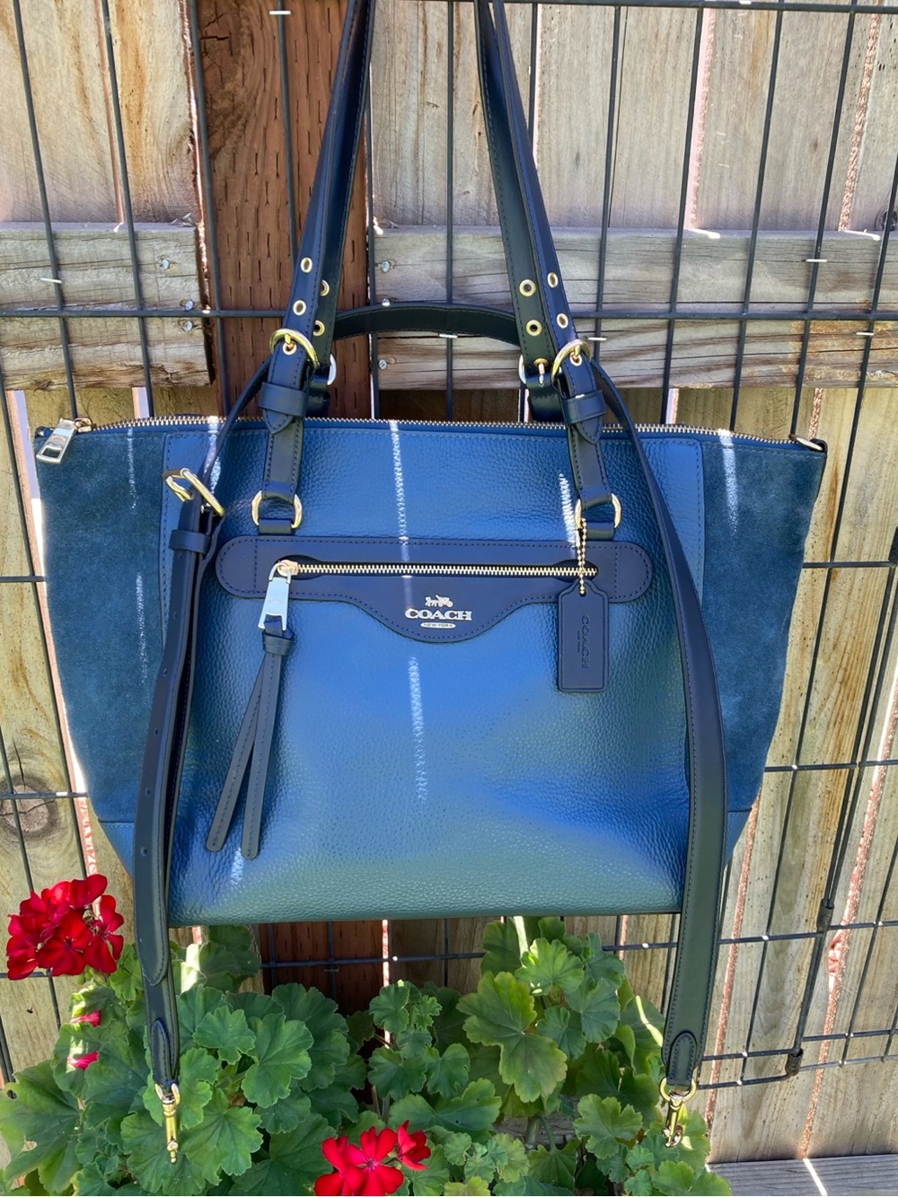Coach Navy Leather & Suede Satchel with Gold Hardware